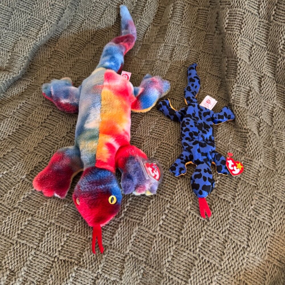 TY Beanie Baby Lizard Lot, Y2K Tie-Dye Edition & Original Blue Spotted – Vintage